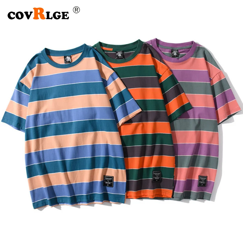 Футболка Covrlge Мужская в разноцветную полоску хлопковая рубашка стиле Харадзюку с