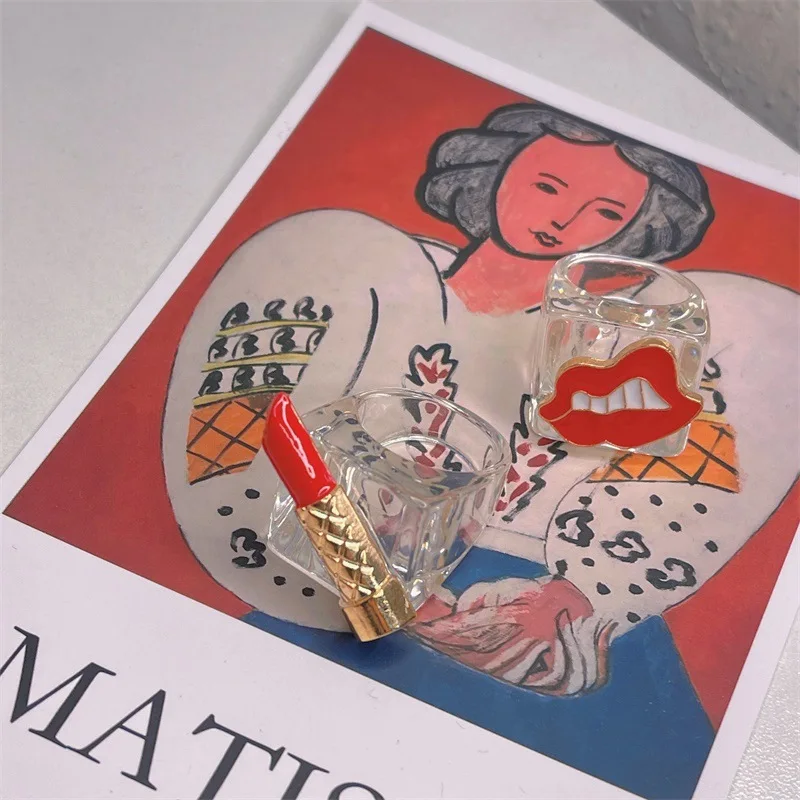 

Exaggeration Sexy Metal Red Lip Lipstick Geometric Square Transparent Resin Acrylic Ring For Women Girls Travel Party Jewelry