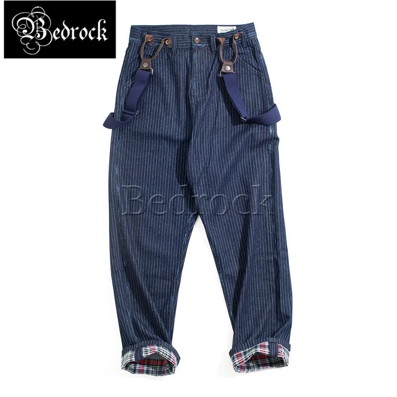 

Bedrock vintage 10.5oz denim casual pants Striped Detachable Suspender Jeans for men Ami khaki hole Overalls splicing Plaid