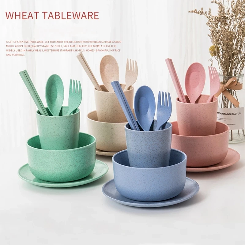 

6Pcs Cutlery Set Baby Children Tableware Set Wheat Straw Dinnerware Set Fork Spoon Bowl Chopstick Cup Plate Eco Friendly Cutlery