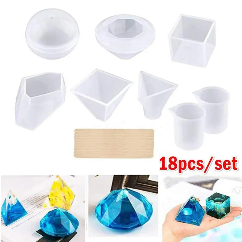 

18 Piece Diy Crystal Glue Tool Set Geometric Mould 18 Pieces of Diy Crystal Epoxy Glue Kit Bangle Pendant Jewelry Silicone Mold