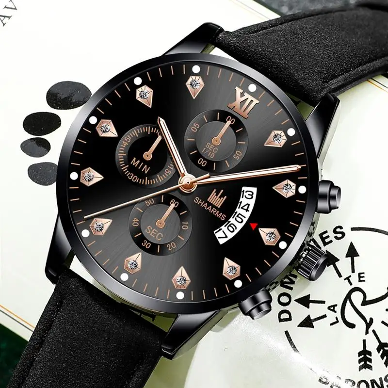 Мужские часы модные с календарем и бриллиантами мужские роскошные кожаные