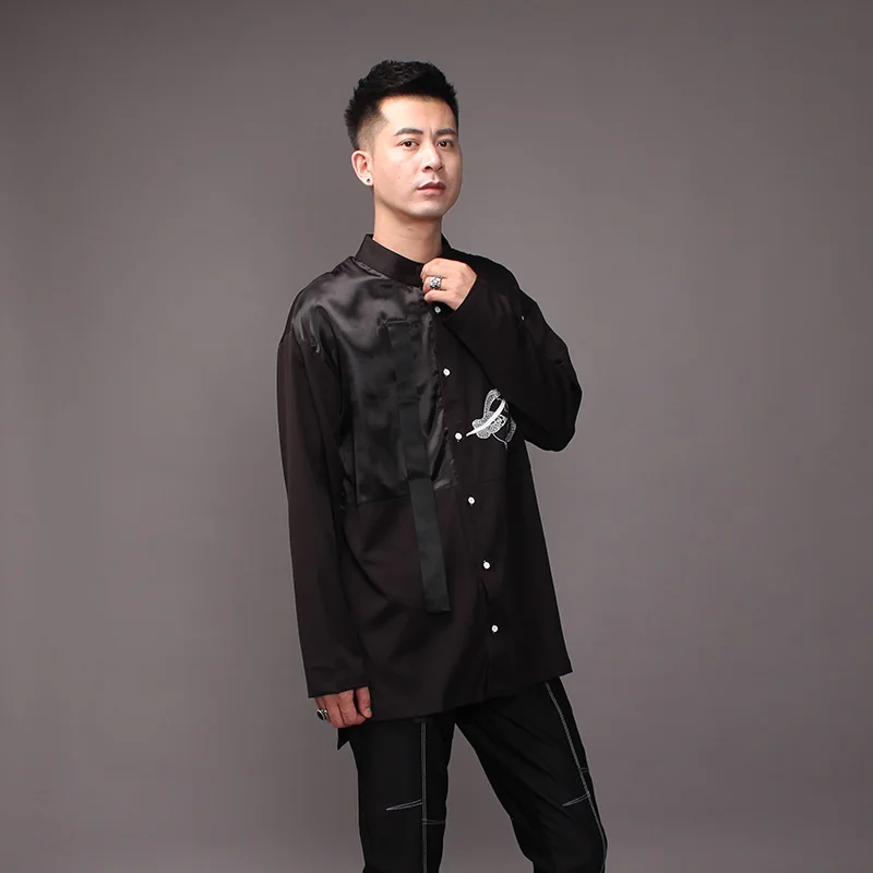

M-XL2020 autumn fashion brand dark print long-sleeved shirt men's hair stylist Japanese trend mid-length loose shirt.