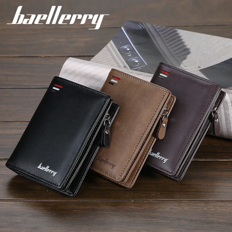 

Brand Men PU Leather short Wallet With Zipper Coin Pocket Vintage Big Capacity Male Short Money Purse Card Holder New