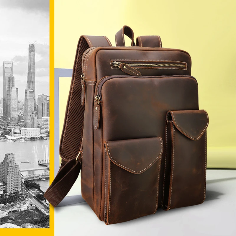 Мужской рюкзак из натуральной кожи для ноутбука 15 дюймов кожаная дорожная сумка