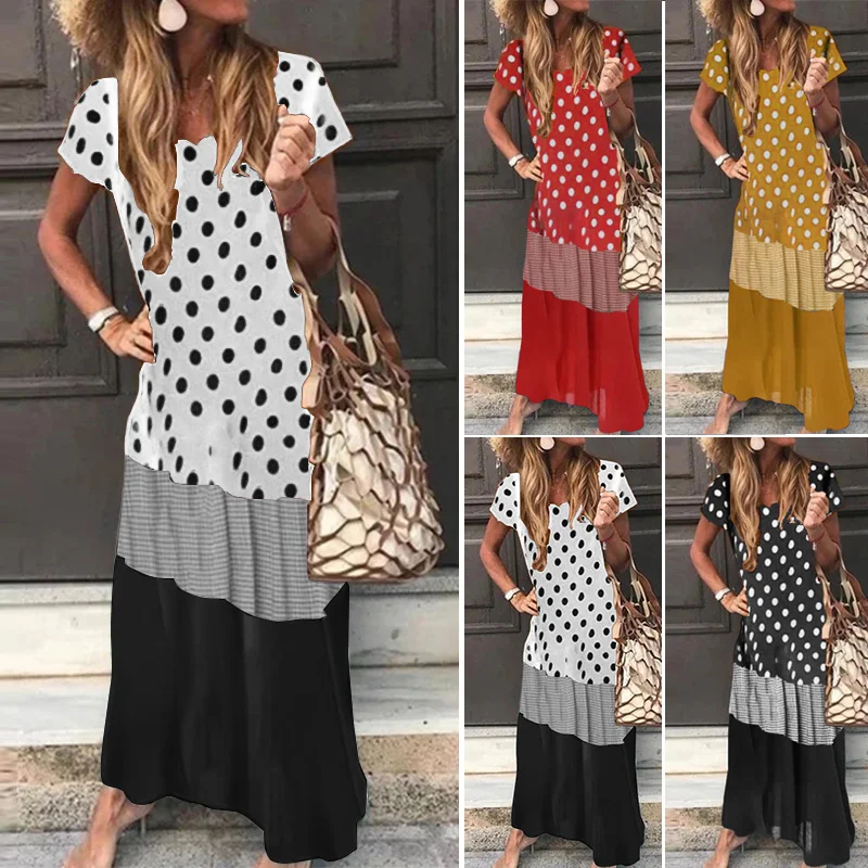 

2021 Summer Long Maxi Sundress ZANZEA Fashion Printed Dress Women Casual Short Sleeve Patchwork Vestidos Female Robe
