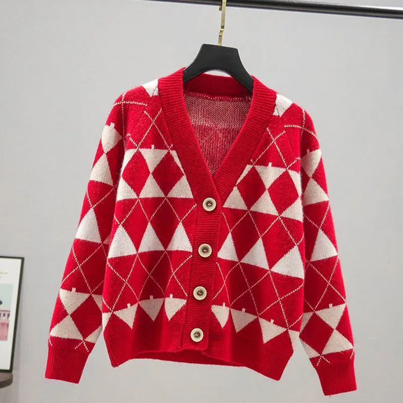

Женский трикотажный кардиган с узором ромбиками, свободный свитер с V-образным вырезом в винтажном стиле, вязаный кардиган в Корейском стил...
