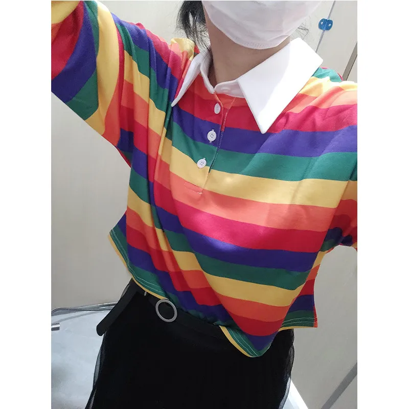 

hirigin Spring Summer Women Buttoned Rainbow Striped Sweatshirt Fashion Ladies Street Casual Cropped Tops Short Hoodies