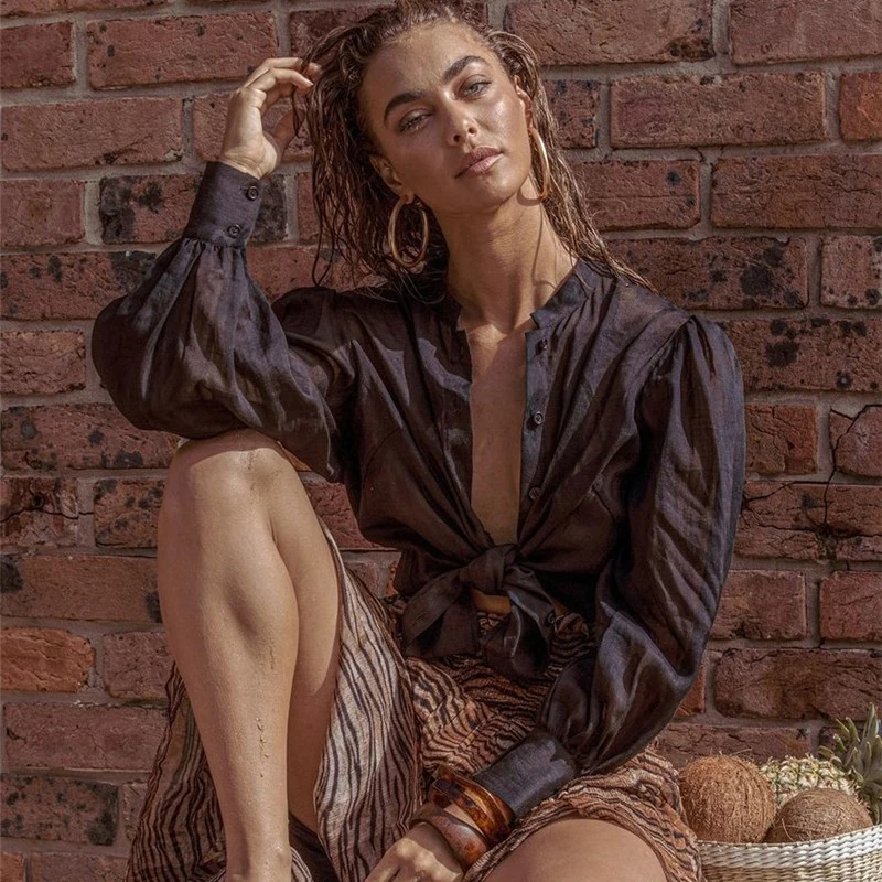 

Articat Casual Lantern Sleeve Cotton Shirts Women 2021 Summer Single-breasted Fashion White Tops Loose Transparent Blouses Femme