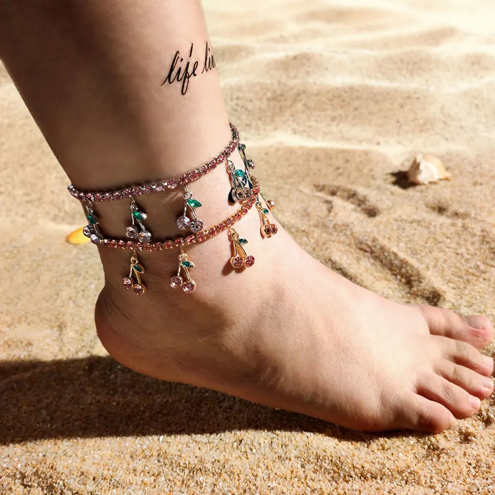 

INS Fashion Crystal Cherry Fruit Anklet Bracelet For Women Pink Rhinestone Foot Chain Boho Summer Beach Barefoot Anklets Jewelry