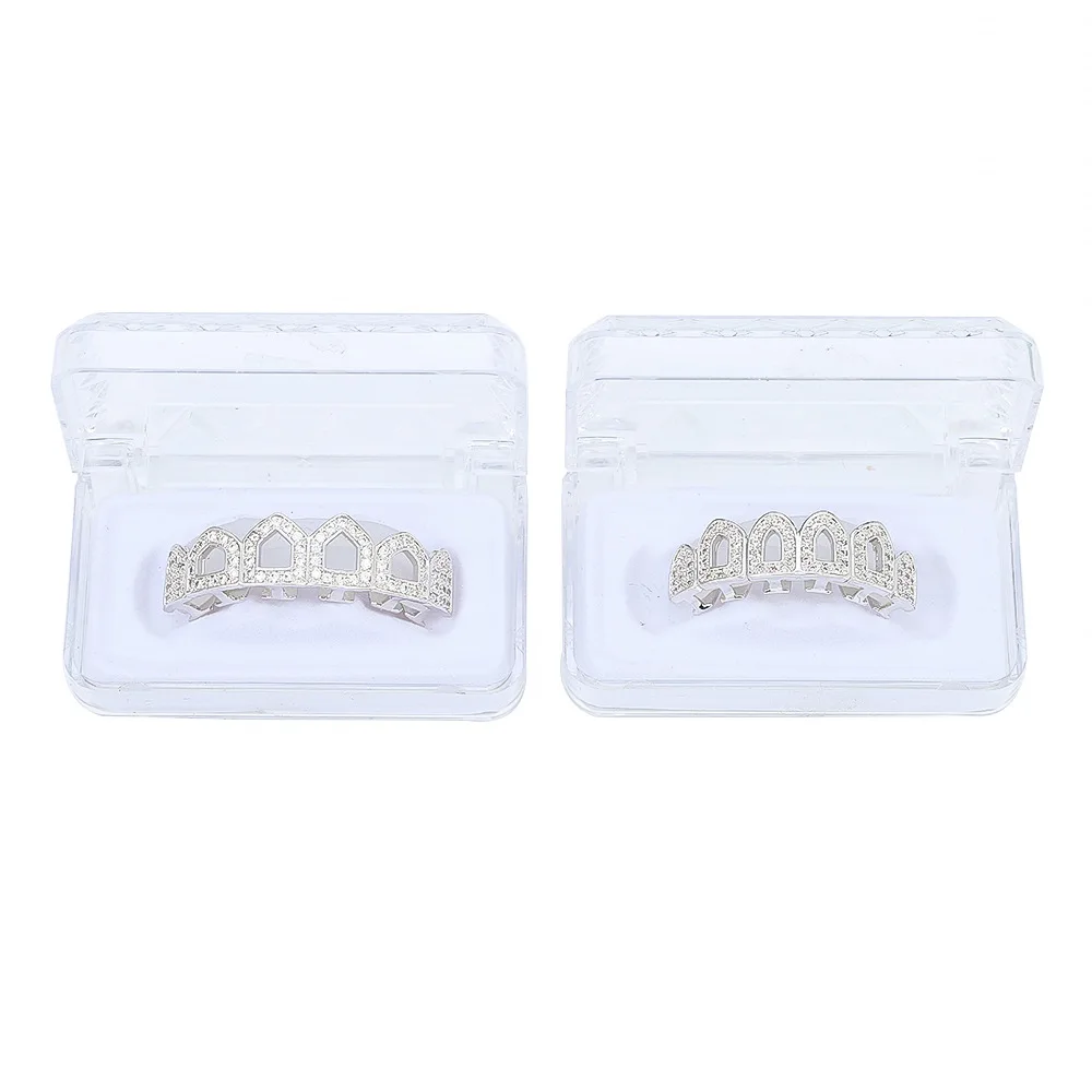 

Men Teeth Grillz Hip Hop Gold Teeth Top Bottom Micro Pave CZ Stone Vampire Teeth Set Cosplay Party Body Jewelry Women Gift