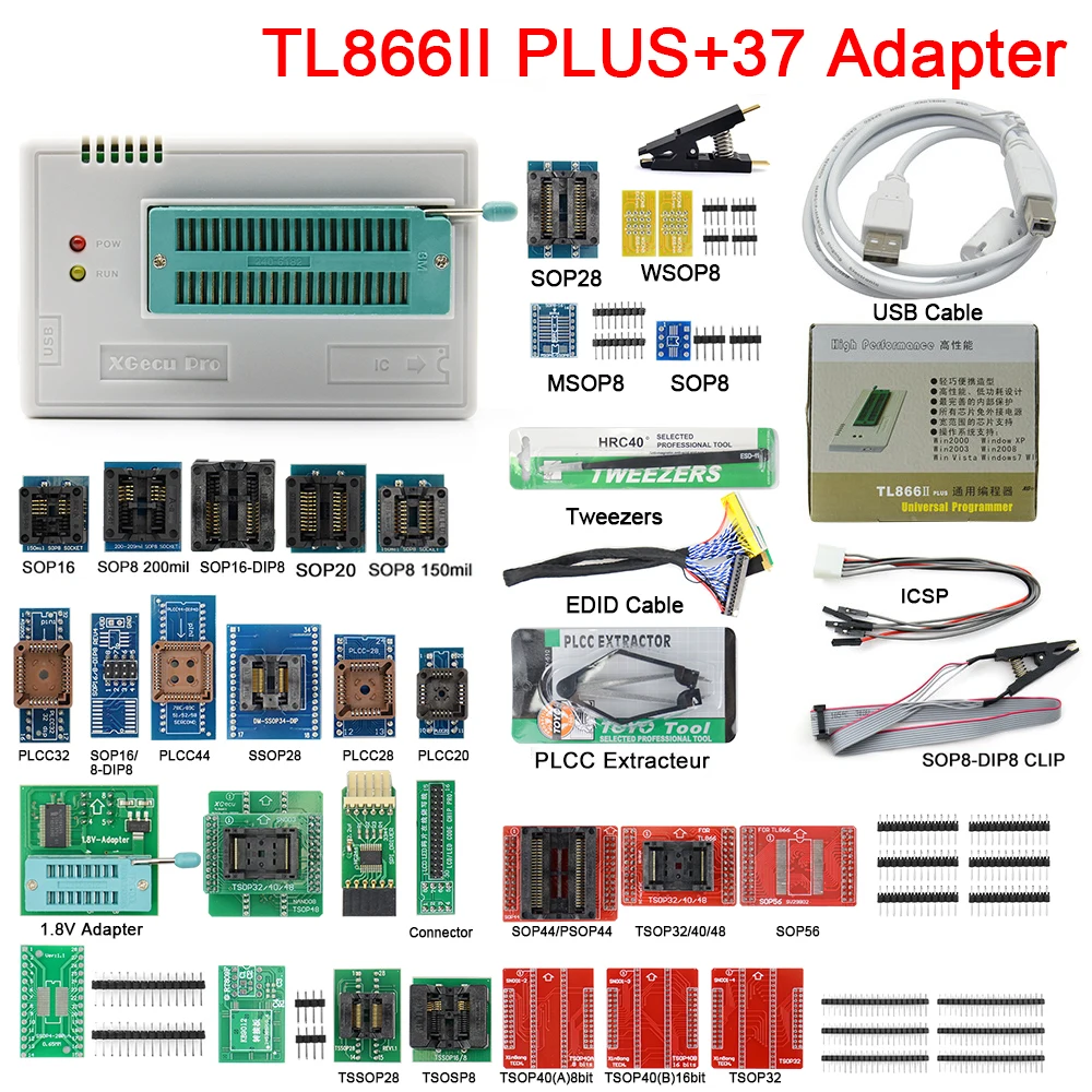TL866II Plus с 37 адаптерами XGECU 100% оригинальный Minipro TL866ii + 28 адаптеров EEPROM Универсальный