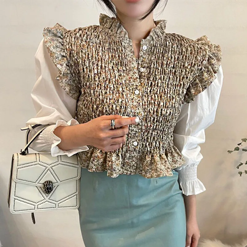 

Women's Vintage Shirts Floral Stand Collar Ruffles Edging Pleated Single Breasted Puff Sleeves Blouses Autumn Spring 2021