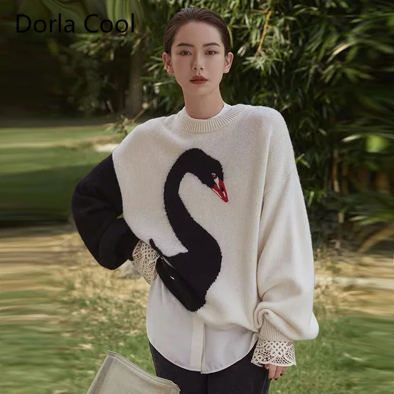 New High Street Women Loose Chic Sweater Retro Jacquard Cute Swan Long Lantern Sleeves Pullover Female Elegant Party Casual Tops