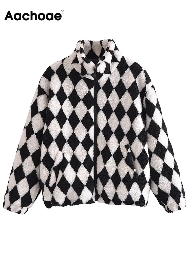 

Шуба Aachoae женская с узором ромбиками, шикарная Повседневная Верхняя одежда на молнии с длинным рукавом, модные элегантные жакеты