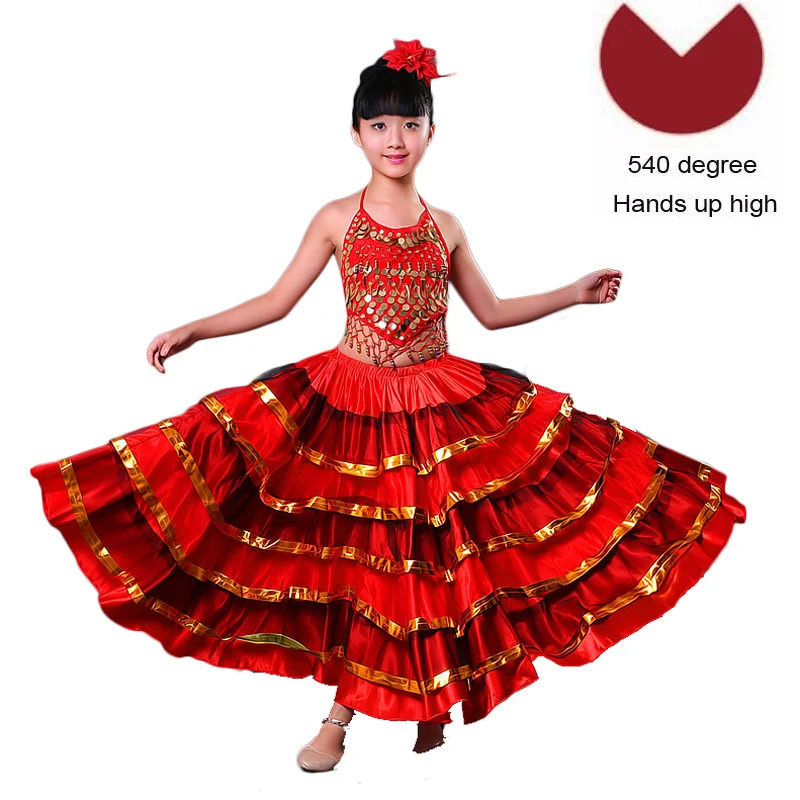 Color2 540degree Высококачественная сатиновая Мягкая красная черная юбка для девочек-подростков, испанское фламенко, полосатая шикарная одежда для бальных танцев, сценическое платье - Цвет: Color2 540degree