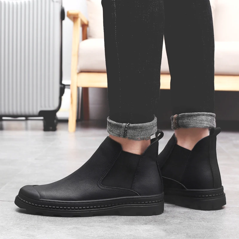 

men Chelsea Boots Fashion genuine leather Casual Men's Shoes slip on Wearable plush warm winter Men Boots Dropshipping