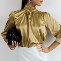 celmia women fashion satin blouse elegant tunic slik tops 2021 autumn solid high collar shirt long sleeve party blusas femininas