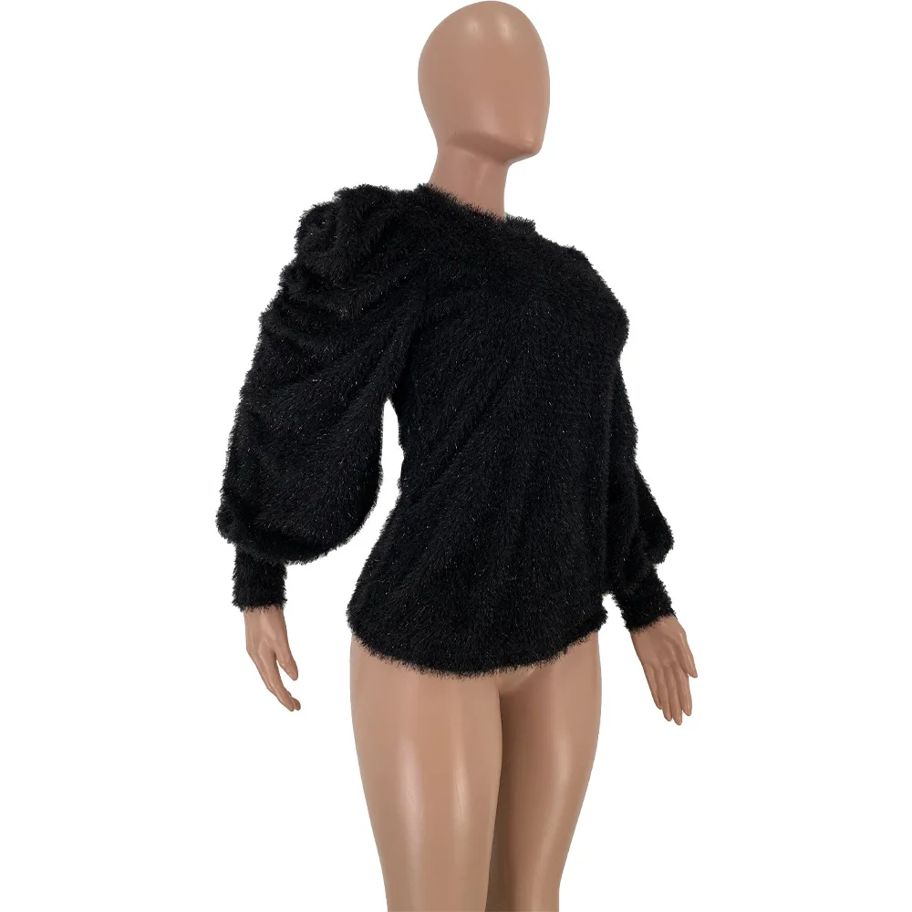 Повседневный женский свитер плиссированный пуловер с пышными рукавами и круглым