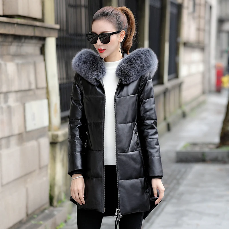 

Genuine Sheepskin Leather Jacket 90% White Duck Down Women's Jackets Fox Fur Collar Hooded Coat Feamle Chaqueta Mujer Zjt1360