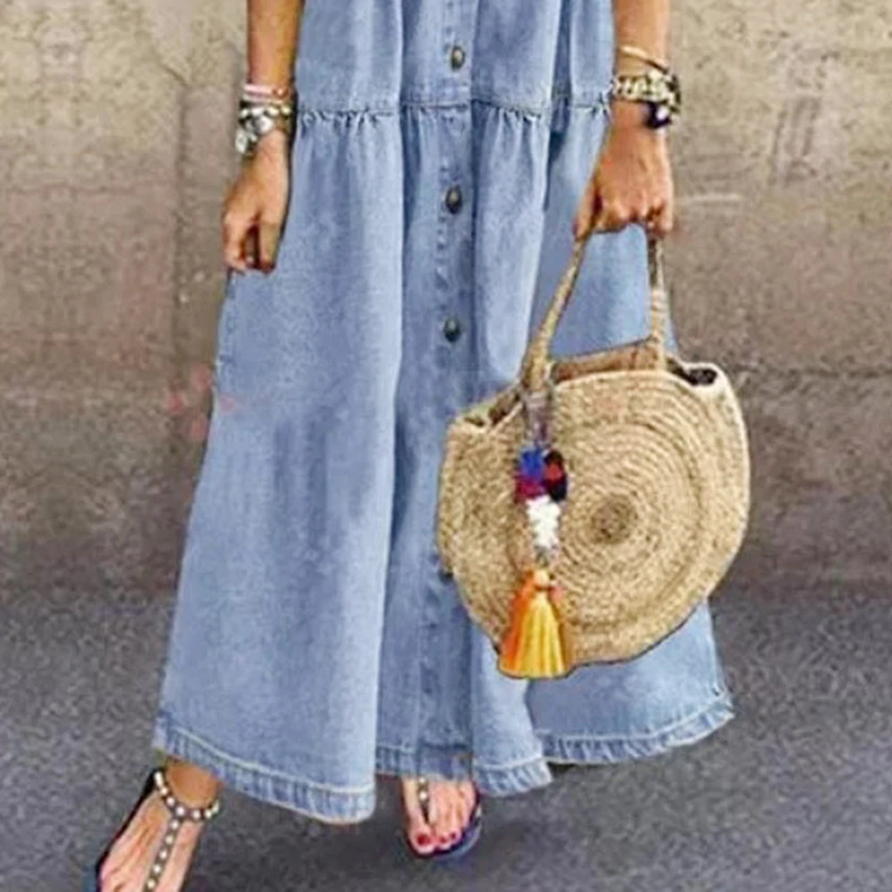 

Casual Summer Denim Dress Women Plus Size XL Retro Short Sleeve Turn Down Collar Pockets Button Long Loose Vintage Denim Dresses