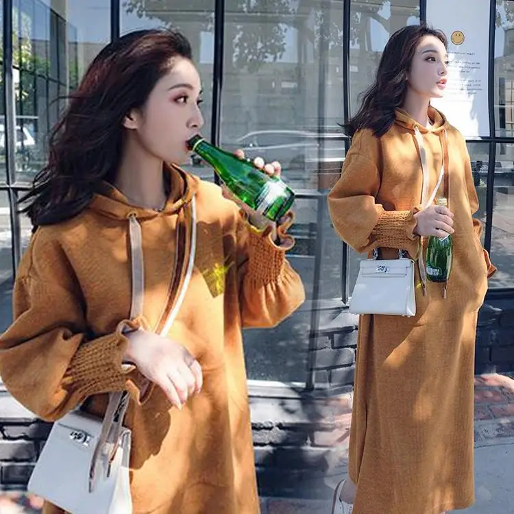 Длинный рукав фонаря длиной до колена свободный для беременных флис платье