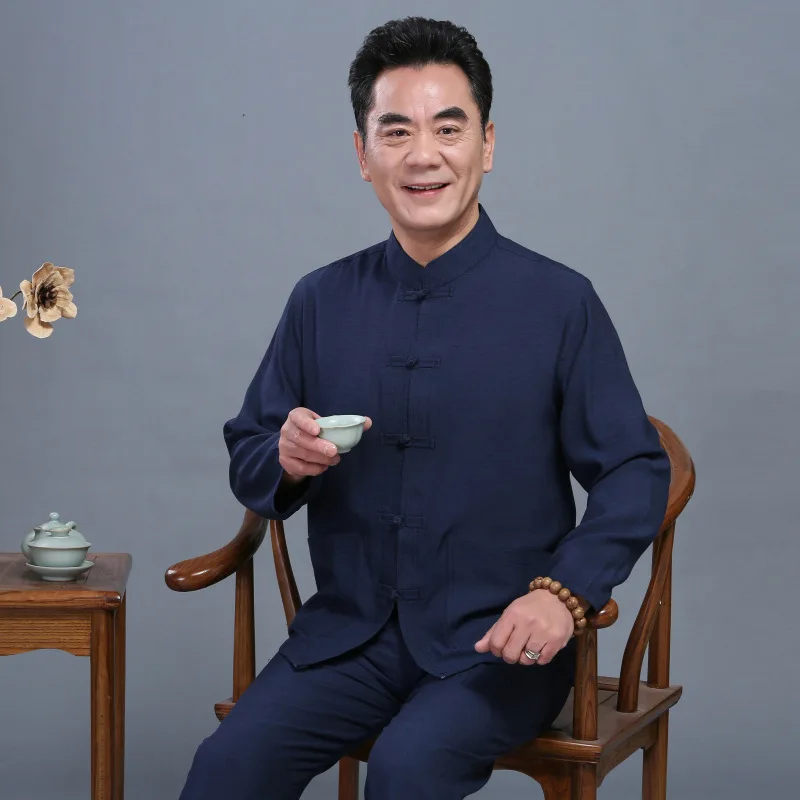 

Male China gonfu Casual Shirts Fashion Summer long Sleeve Slim Loose Shirts Send the pants Mens Cotton Linen Shirt