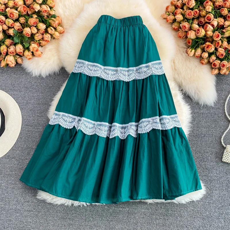 

Lace stitching half-length skirt women's summer 2021 new thin pleated skirt mid-length and large-scale all-match a-line skirt