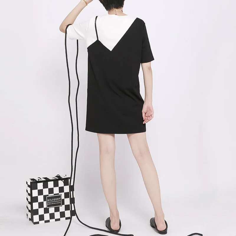 

XUXI 2020 Women New Summer T-shirt Fake Two Pieces Of Long-sleeved Short-sleeved Solid Color Strap Casual T Shirt FZ1141