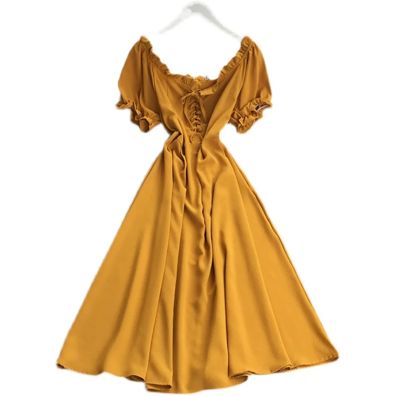 

2021 New Summer Korean square collar puff sleeve Dress high waist pleated waist cross bandage mid-length A-line Dress