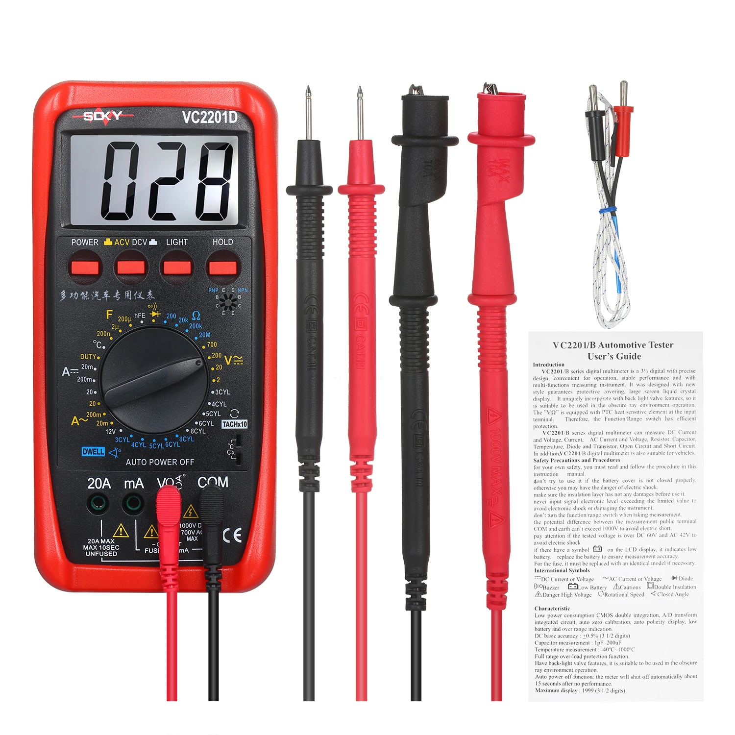 

Professioanl VC2201D Digital Multimeter Automotive Meter Tester Car Inspection Instrument with LCD Backlight (Ship no Battery)