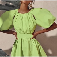 2021 new green puff sleeve elegant woman summer shirt dresses female zipper fashion spring vintage sexy backless casual vestido