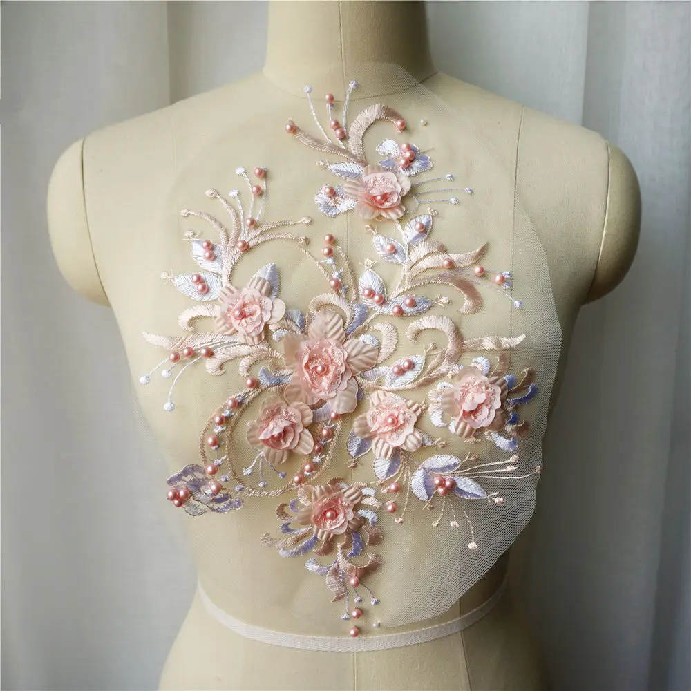 Розовые синие Бусины 3D Цветочная кружевная ткань вышитое платье Аппликации