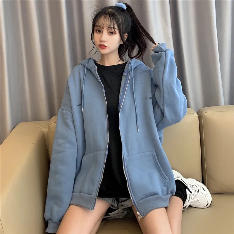 Purple Harajuku Zip Up Hoodies Chic Female Clothing Women Hoodie 2021 Summer Korean Long Sleeve Sweetshirts Loose Casual Jacket