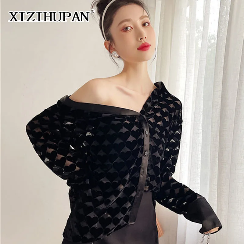 

XIZIHUPAN Casual Black Shirt For Women Skew Collar Irregular Long Sleeve Print Straight Shirts Female Spring Fashion New 2021
