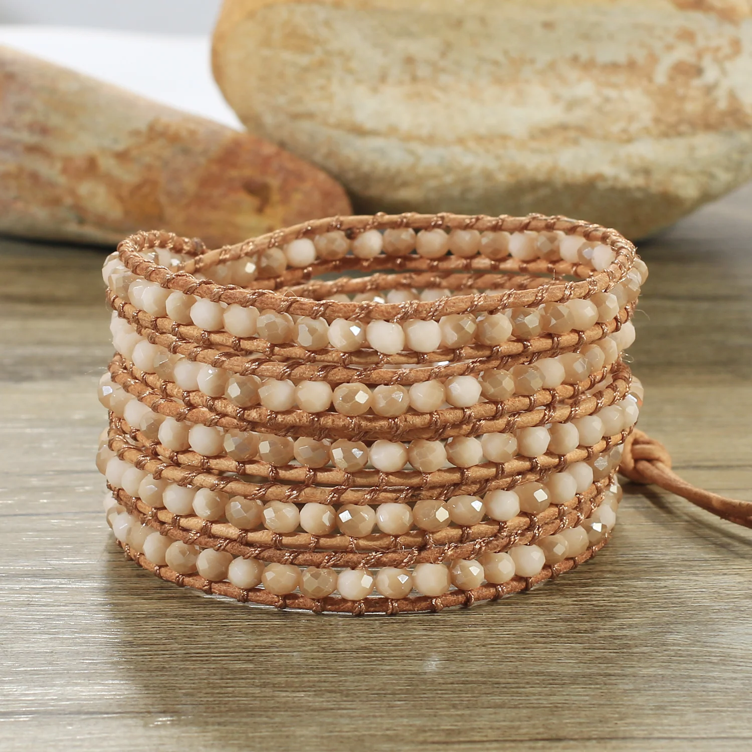 

KELITCH Crystal Beads 5 Wrap Bracelets Handmade Strand Leather Bracelets Bangles Jewelry For Women Men Charm Jewelry Gift