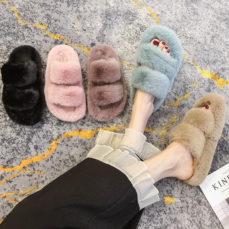 Double Band&cross band fur slippers women platform shoes pantuflas 35-40 candy thicken soled furry slides plush creepers2020 | Обувь