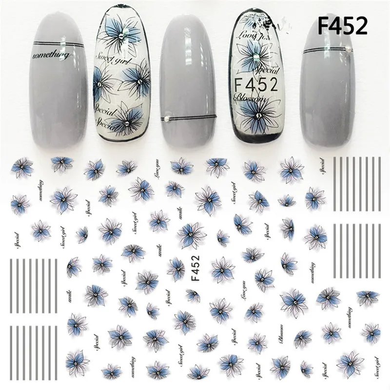 1Sheet F454 Nail Art Sticker Adhesive Unicorn Lavender Flower Super Thin 3D Manicure Decoration Wraps Nail Tips Decal New Design images - 6