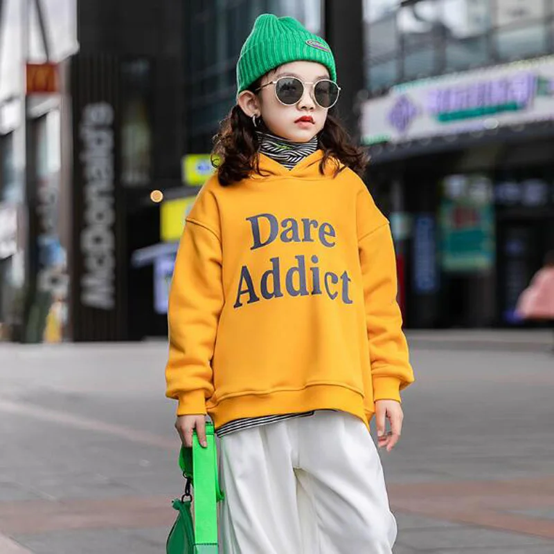 

Cultiseed Girls Letter Print Hooded Hoodies Tops Big Children Kids Autumn Winter Thicken Warm Loose Casual Sweatshirts Coats