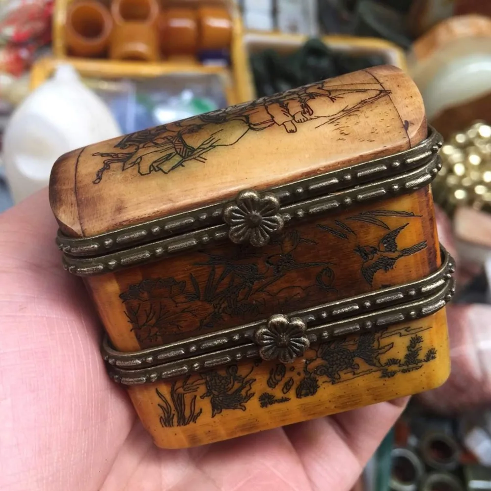 

chinese antique Collection home decoration gifts metal bone and old jade cave handicraft art luck box