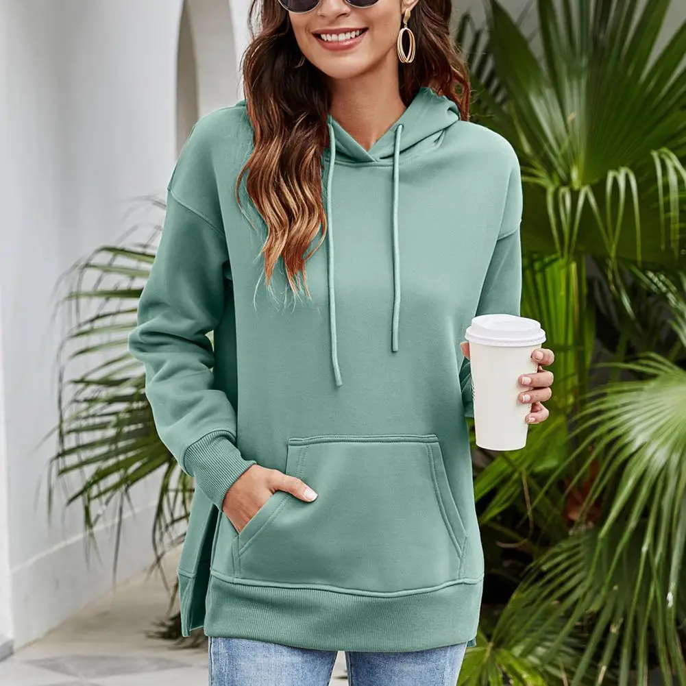 

Fashion Hooded Hoodies Women 2021 Autumn Winter New Solid Color Plus Fleece Sweatshirt Female Irregular Split Sweatshirt