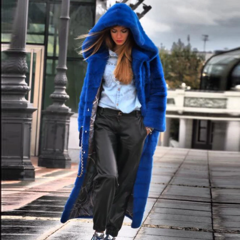 Luxury Royal Blue Hooded Mink Fur Coat For Women 120cm Long Natural Genuine Mink Fur Jacket Full Pelt Fur Coats Russian Winter