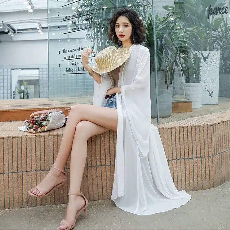 Длинное кимоно Geskeey однотонная Шифоновая туника в богемном стиле для пляжа лета |