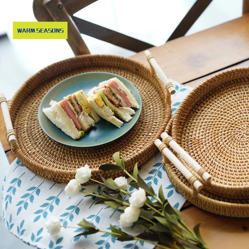 

Hand-woven Rattan Round Basket Tray with Handle Bread Fruit Food Storage Platters Plate for Breakfast Drink Snack Coffee Tea