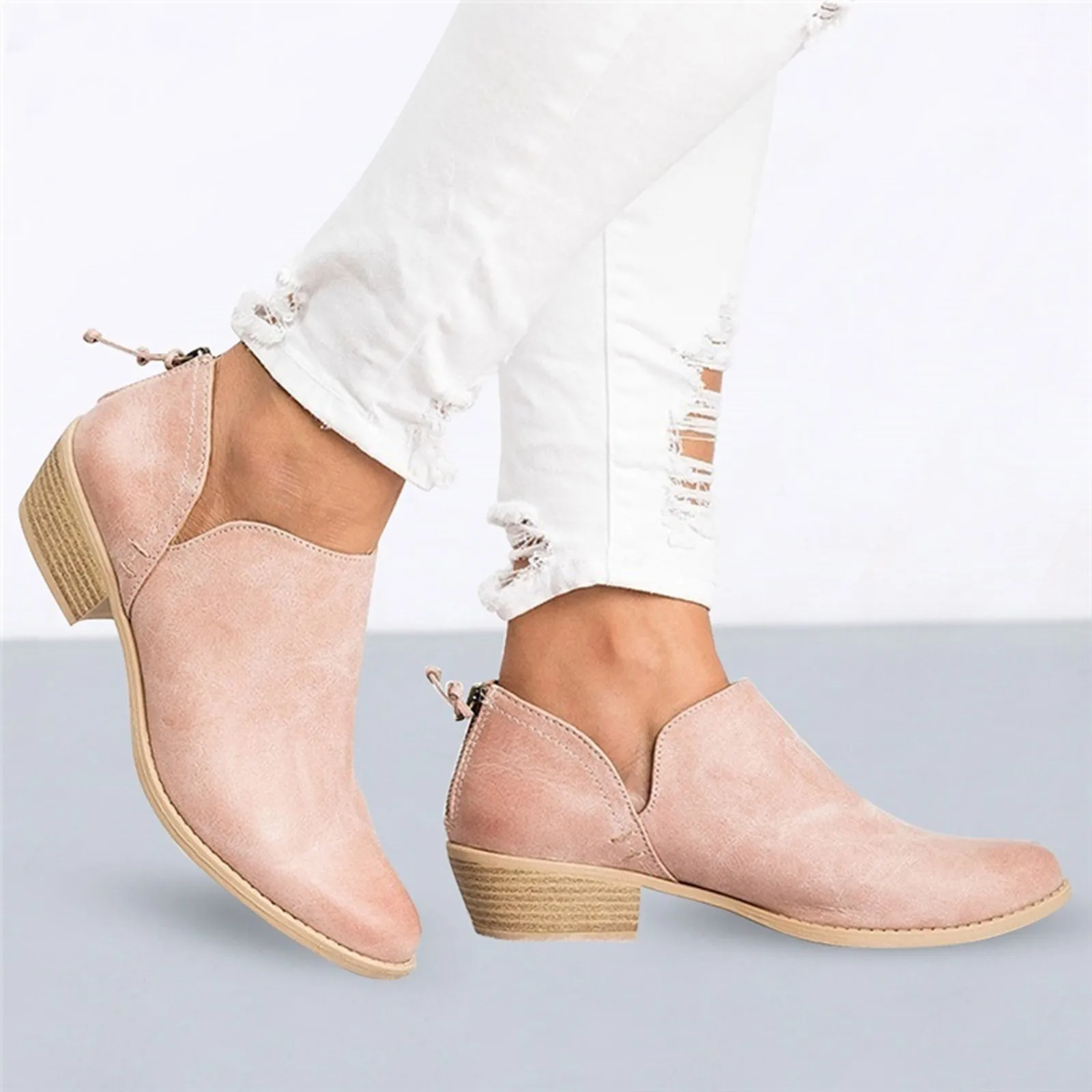 

Women's Ankle Boots Leather Cowhide Short Boots Low Heel Round Toe Casual Shoes Walking Zapatillas Hombre