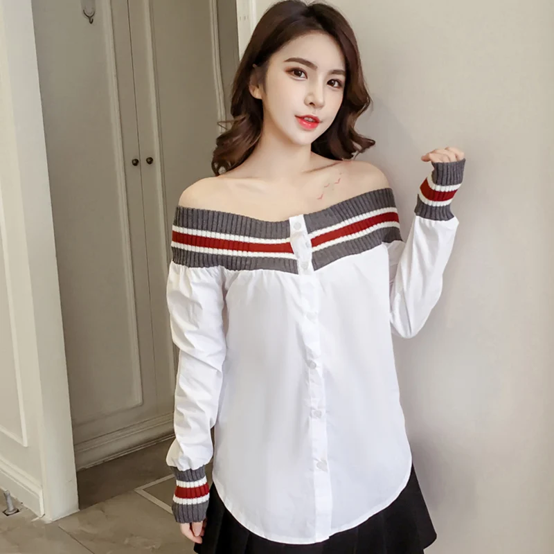 Весна-Осень 2020 женская трикотажная полосатая рубашка с круглым вырезом и