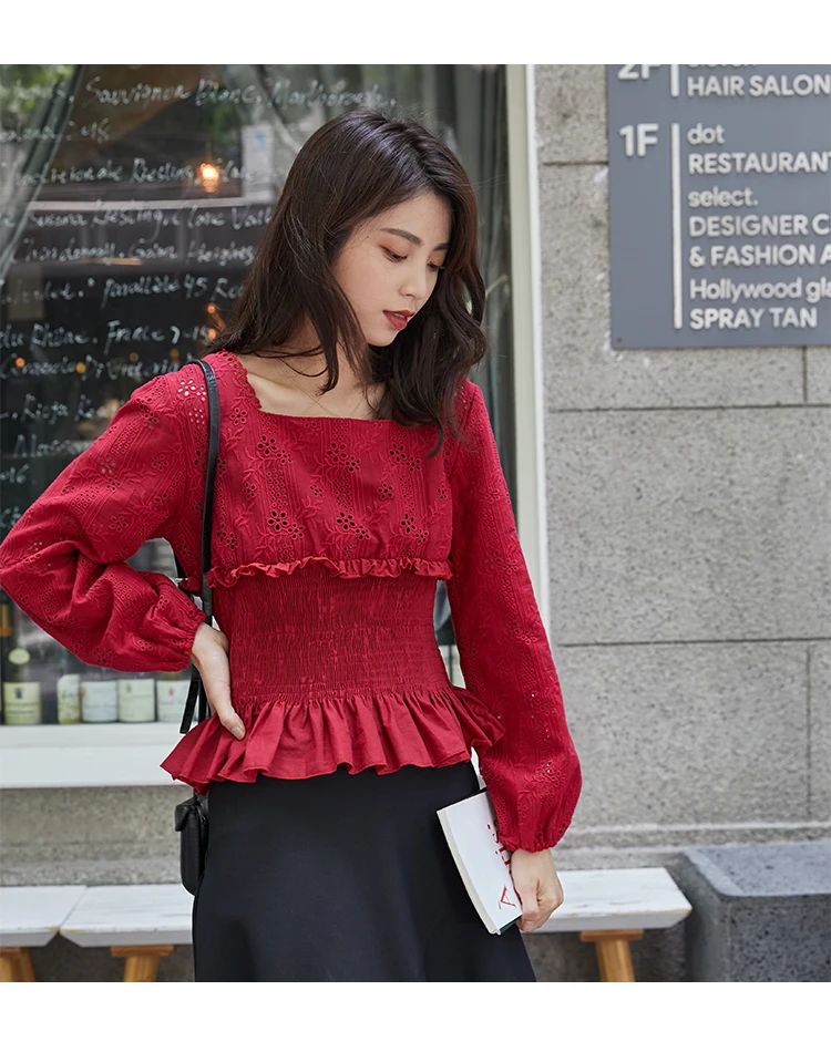 

Design Niche New Style Elegant Square Neck Lantern Sleeve Elastic Waist Hollow Embroidered Top