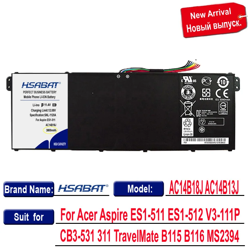 Аккумулятор HSABAT 3800 мА · ч AC14B18J AC14B13J для ноутбука Acer Aspire ES1-511 ES1-512 V3-111P CB3-531 311 TravelMate