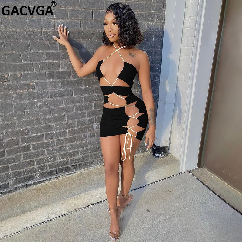 

GACVGA 2021 Bandage Black Skinny Summer Dresses Women Backless Strap Sexy Bodycon Night Partywear Lace Up Beach Mini Dress Hot