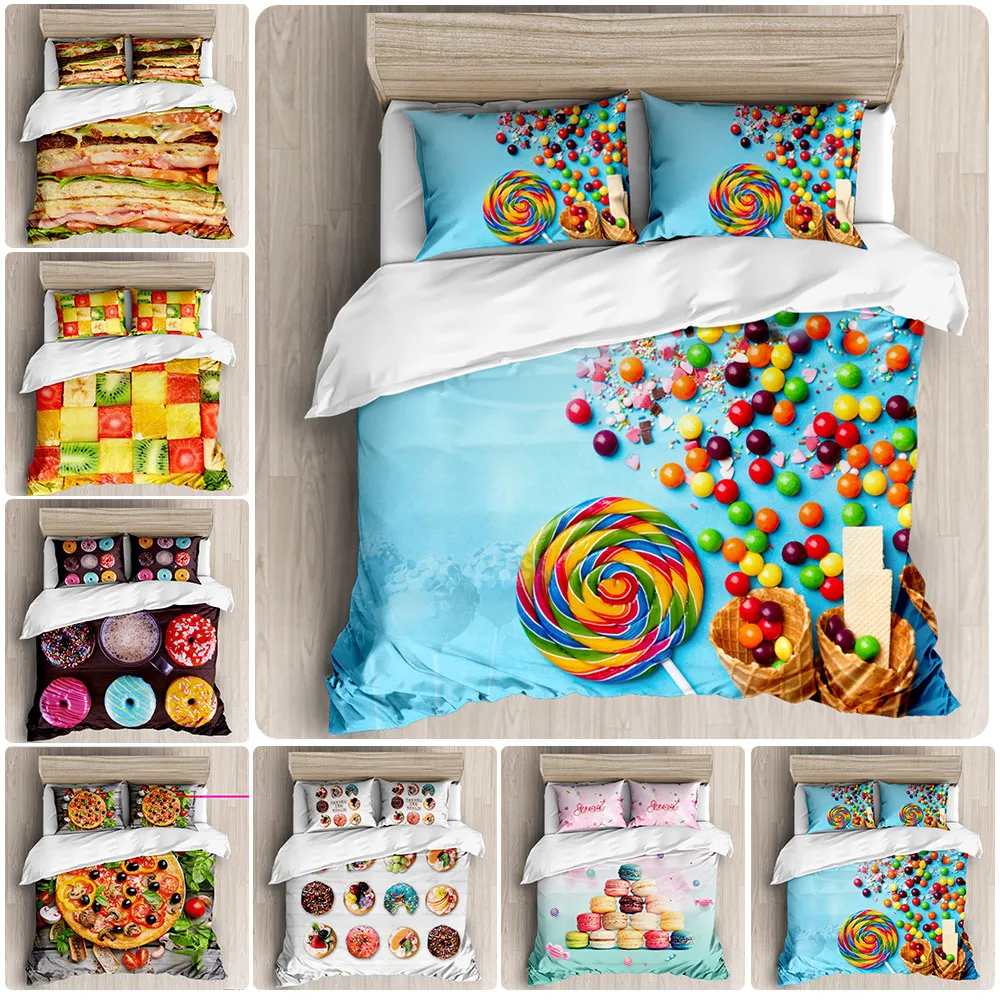 

2020 New Food Donuts Candy Biscuits Four-piece Set 3D Digital Print Three-piece Set Duvet Covers Pillowcases Wish Sheet